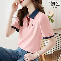 【初色】寬鬆拼色撞色刺繡翻領短袖T恤上衣女上衣-米白色-33761(M-2XL可選) M 粉紅色