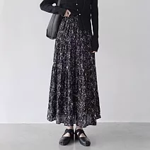 【ACheter】 雪紡小碎花A字大擺傘裙復古高腰垂感顯瘦百褶長裙# 124770 M 黑色