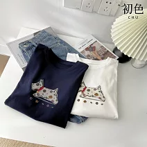 【初色】甜美小狗印花裝飾串珠減齡顯瘦圓領短袖上衣女上衣-共2色-11360(F可選) F 寶藍色