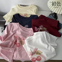 【初色】甜美風正肩蝴蝶結櫻桃印花圓領短袖T恤上衣女上衣-共5色-11361(F可選) F 白色
