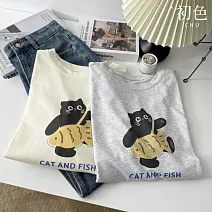 【初色】韓系休閒顯瘦短款修身正肩貓咪印花圓領短袖T恤上衣女上衣-共3色-11364(F可選) F 白色