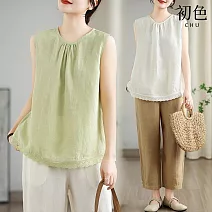 【初色】棉麻風文藝花邊純色寬鬆褶皺圓領無袖背心上衣女上衣-共3色-11860(M-2XL可選) M 綠色