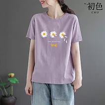 【初色】簡約寬鬆圓領花朵蝴蝶印花短袖T恤寬鬆中大尺碼上衣女上衣-共7色-11414(M-4XL可選) M 紫色
