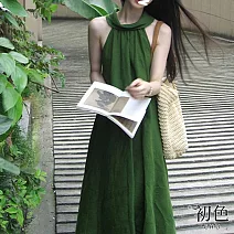 【初色】度假風法式無袖露肩寬鬆修身連身裙長裙連衣洋裝-綠色-11761(M-2XL可選) M 綠色