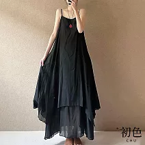 【初色】純色細肩吊帶拼接層次連身裙長裙連衣洋裝-共2色-11769(L-2XL可選) L 黑色