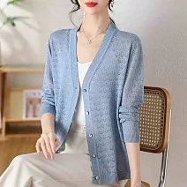 【MsMore】 V領冰絲針織開衫長袖鏤空上衣薄空調衫防曬短版外罩# 124813 FREE 藍色