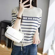 【MsMore】 復古天絲感圓領針織衫短袖T恤拼色條紋短版上衣# 124822 FREE 米色