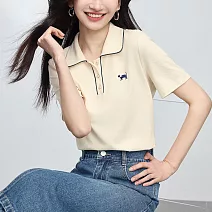 【MsMore】 優雅鬆弛氣質T恤翻領短袖貓咪刺繡POLO領短版上衣# 124831 M 膚色
