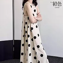 【初色】韓系復古波點印花無袖挖肩簡約休閒連衣裙連身洋裝長洋裝-白底圓點-11828(M-2XL可選) M 白底圓點