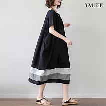 【AMIEE】棉麻長款短袖連衣裙洋裝(KDDY-997) FREE 黑色