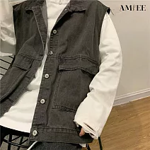 【AMIEE】ins工裝夾克牛仔馬甲外套(KDCY-7995) 2XL 黑灰