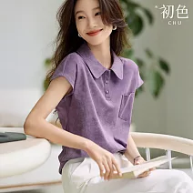 【初色】休閒純色POLO領暈染風襯衫T恤上衣女上衣-共兩色-11535(M-2XL可選) M 紫色