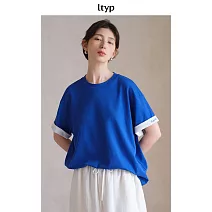 ltyp旅途原品 日本進口三醋酸天絲針織拼色T恤寬鬆短袖上衣女夏季 M L  M 克萊茵藍