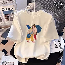 【初色】簡約圓領短袖可愛俏皮女孩印花寬鬆T恤上衣女上衣-共3色-11612(M-3XL可選) M 白色