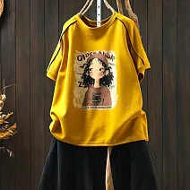 【ACheter】 寬鬆休閒圓領下擺抽繩女孩印花T恤中長短袖上衣# 124883 5XL 黃色