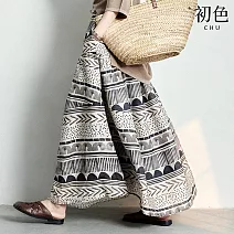 【初色】波西米亞風滿版圖騰文藝亞麻寬鬆傘裙半身裙長裙-花色-11745(M-2XL可選) M 花色