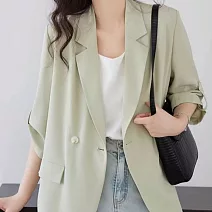 【MsMore】 薄款可攀短袖百搭西裝外套通勤休閒一粒扣中長# 124891 M 果綠色