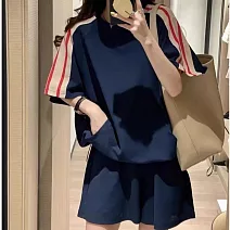 【MsMore】 條紋休閒短袖套裝圓領鬆緊撞色拼接兩件式# 124909 M 藏青色