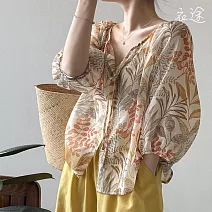 【衣途】韓系v領系帶碎花襯衫女上衣(KDTY-B817) M 桔色
