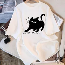 【初色】圓領短袖驚嚇貓貓印花休閒T恤上衣女上衣-共5色-11593(M-3XL可選) M 白色