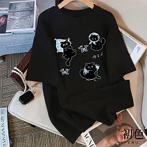 【初色】寬鬆顯瘦圓領短袖插圖字母印花中大碼休閒T恤上衣女上衣-共2款5色-11596.11597(M-3XL可選) M 黑色