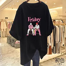 【初色】圓領短袖插圖印花休閒T恤上衣女上衣-共8色-11598(M-3XL可選) M 黑色