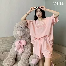 【AMIEE】顯瘦短袖上衣高腰短褲兩件套(KDAY-882) M 粉紅色