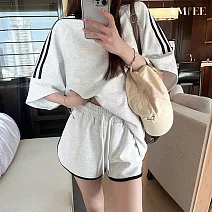 【AMIEE】薄款短袖上衣短褲運動兩件套(KDAY-898) M 淺灰色