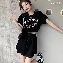 【AMIEE】炸街辣妹小個子顯高短款T恤短褲兩件套(KDAY-863B) M 黑色
