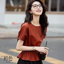 【初色】日系純色彈力收腰荷葉邊下擺修身圓領蝙蝠袖T恤上衣女上衣-磚紅色-12060(M-2XL可選) M 磚紅色