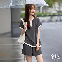 【初色】休閒風假兩件短袖T恤上衣女上衣+純色闊腿休閒褲寬褲短褲-深灰色-36765(M-2XL可選) M 深灰色
