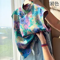 【初色】新中式復古盤扣立領無袖暈染印花背心短款旗袍T恤襯衫上衣女上衣-花色-12563(M-2XL可選) M 花色