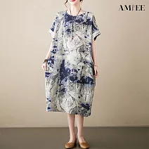 【AMIEE】棉麻復古短袖顯瘦連衣裙洋裝(KDDY-5701) FREE 藍色