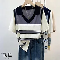 【初色】休閒運動風透氣寬鬆條紋假兩件撞色短袖V領T恤上衣女上衣-共2色-12047(F可選) F 黑色