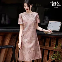 【初色】復古簡約透氣刺繡繡花寬鬆圓領短袖中長裙連衣裙連身洋裝長裙-粉色-12158(M-2XL可選) M 粉色
