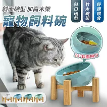 【EZlife】寬口斜面寵物飼料碗木架組(晶格陶瓷碗+架子)  灰綠