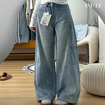 【AMIEE】美式復古口袋工裝牛仔褲(KDPY-2260) M 圖片色