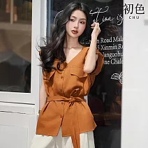 【初色】法式修身純色V領短袖綁帶襯衫上衣女上衣-橘色-13091(M-XL可選) M 橘色