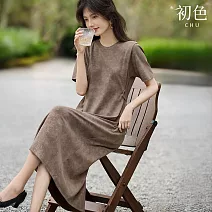 【初色】鬆弛感優雅純色燙鑽調節脫卸腰袢圓領短袖針織中長裙連身洋裝-灰咖色-13067(M-2XL可選) M 灰咖色