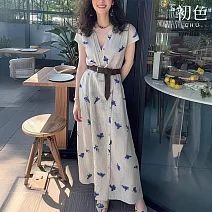 【初色】法式茶歇印花V領短袖修身中長連衣裙連身洋裝-花色-13130(M-2XL可選) M 花色