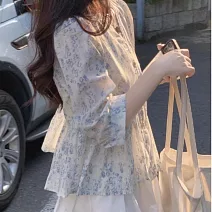 【MsMore】 氣質娃娃衫中袖上衣七分袖高端藍色碎花襯衫短版# 125076 XL 藍色