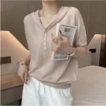 【MsMore】 連帽短袖上衣寬鬆冰絲針織衫# 125223 FREE 杏色