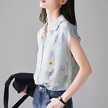 【MsMore】 印花涼感絲質小飛袖襯衫時尚短袖上衣# 125294 2XL 藍色