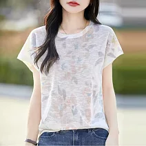 【MsMore】 冰麻針織印花圓領寬鬆顯瘦短袖上衣# 125344 FREE 卡其色