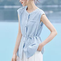 【MsMore】 清冷感氣質復古立領收腰繫帶無袖上衣# 125375 M 藍色