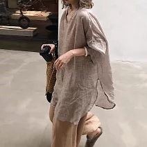 【ACheter】 新中式國風禪意亞麻棉中長款氣質茶服七分袖上衣# 125379 L 咖色
