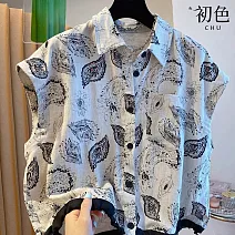 【初色】歐風拓印文藝印花單排釦短版翻領無袖襯衫上衣女上衣-白灰花-13678(M-XL可選) M 白灰花