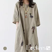【Lockers 木櫃】亞麻刺繡連身裙 L114071804 M 麻綠色