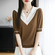 【MsMore】 法式撞色假兩件針織短袖海軍領冰絲上衣# 125456 FREE 棕色