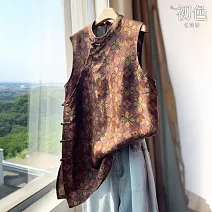 【初色】新中式復古立領無袖斜門襟盤扣馬甲背心上衣女上衣-棕色-13271(M-2XL可選) M 棕色